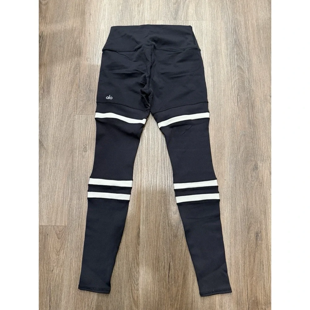 Alo Yoga High-Waist Legit Leggings Black Varsity Stripe Ribbed‎ Sz M